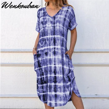 

2020 Women Summer Dress Boho Style Tie Dye Beach Dress Tunic Sundress Loose Party Dress Vestidos Plus Size Vestiti Donna