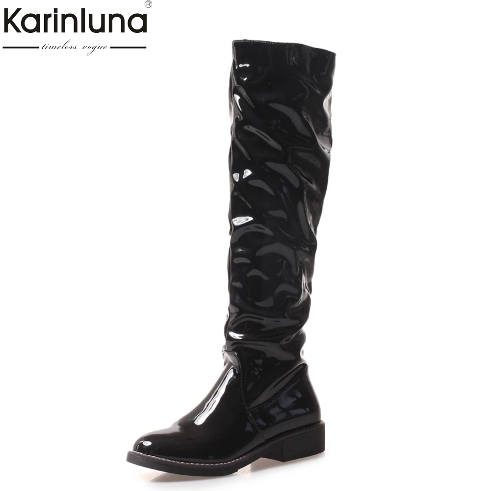 KarinLuna/ г. Женские ботинки для отдыха, большие размеры 43 лакированные ботинки без застежки обувь на квадратном каблуке женские сапоги для верховой езды женская обувь