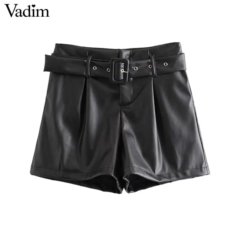 Adim женские стильные черные бежевые шорты с поясом на молнии и карманами, женские повседневные шикарные шорты из искусственной кожи, pantalones cortos SA192