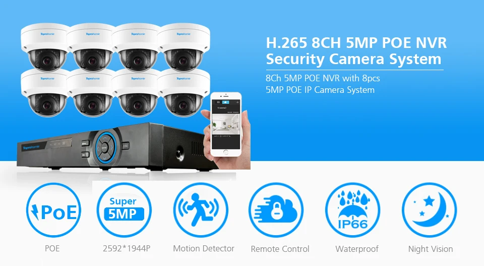 Toprohomie H.265+ 8CH POE IP CCTV Системы 48V 5MP безопасности камера Аудио запись POE IP Камера ночного видения Камеры скрытого видеонаблюдения