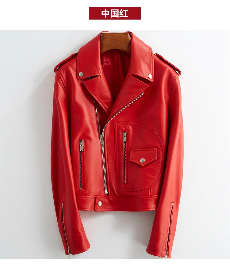 Nerazzurri Short red black faux leather jacket women long sleeve plus size leather biker jacket women Spring motorcycle jacket