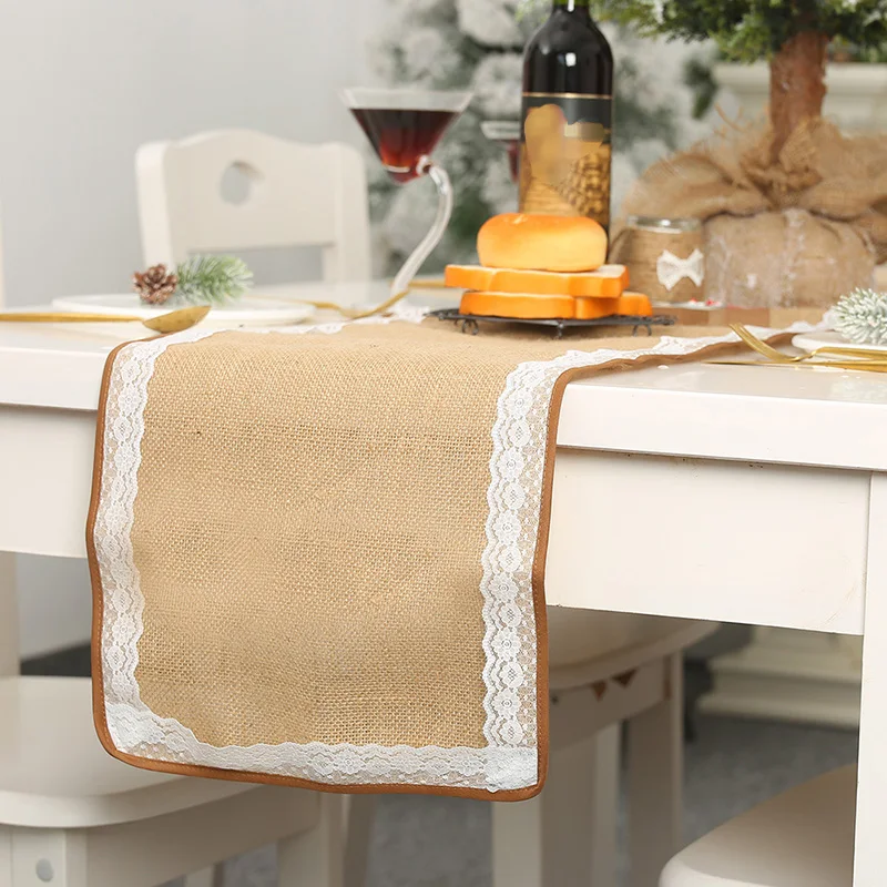 Christmas Linen Lace Trim Table Runner Tablecloth Party Dinner Home Decoration 180*30cm Hotel Restaurant Thanksgiving