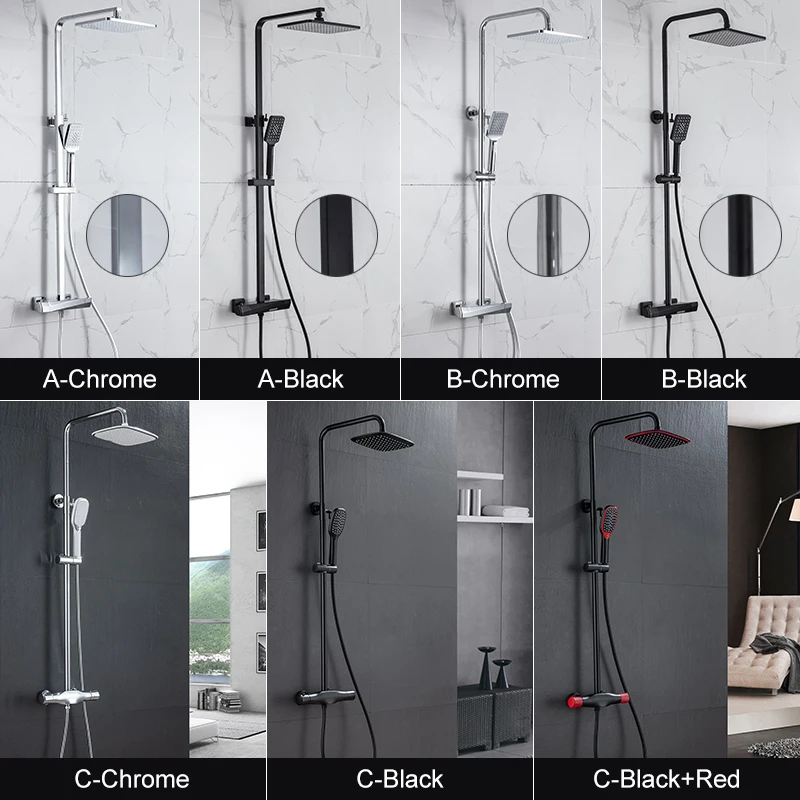 Black Thermostatic Shower Faucets Sets Water Bathroom Mixer Waterfall Faucet Rainfall Shower Systems Thermostat Tap EL9403