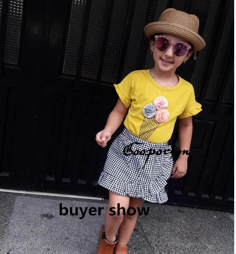 Комплект одежды для девочек, модная желтая рубашка с рисунком мороженого и клетчатые штаны комплект детской одежды из 2 предметов, милый детский летний наряд
