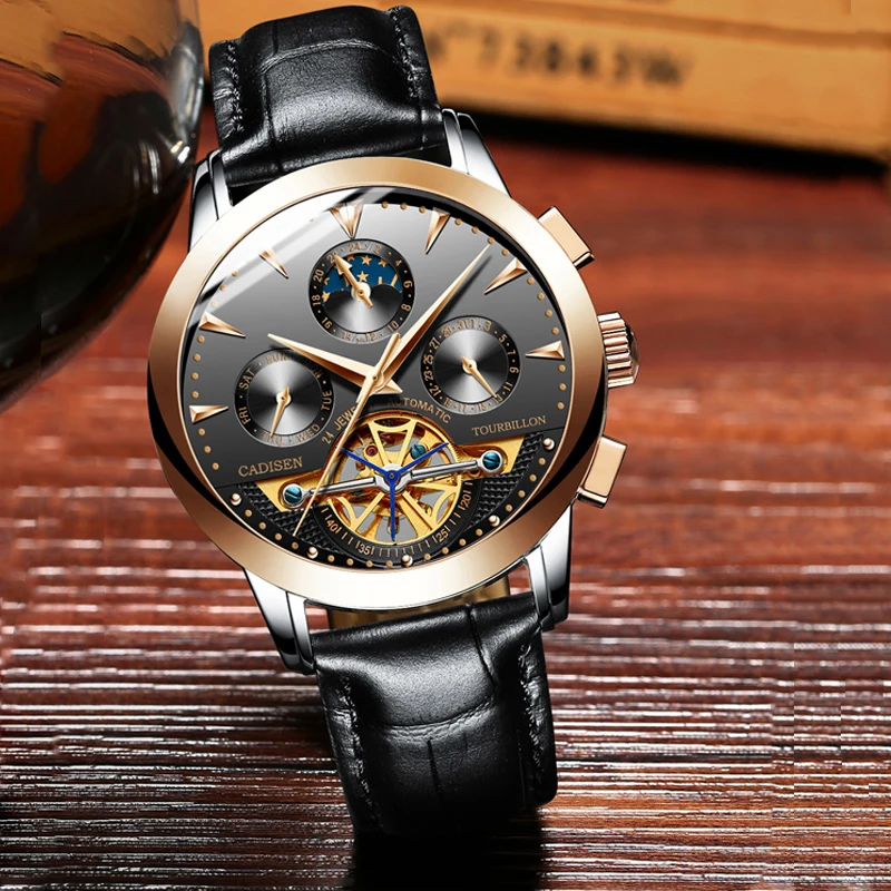 CADISEN Брендовые мужские часы, автоматические механические часы, Tourbillon, спортивные часы, кожаные, повседневные, деловые, наручные часы, Relojes Hombre