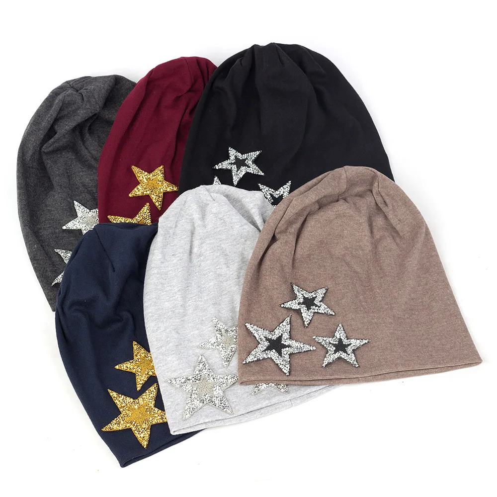 Women Winter Slouchy Fashion Skullies Beanies Star Rhinestones Cotton Hats For Ladies Female Fashion Baggy Solid Color Caps