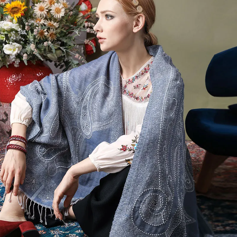 100% Merino Wool Scarf Women Luxury Brand Indian Handmade Beaded Paisley Warm Soft Thick Female Shawl Blue High-end |
