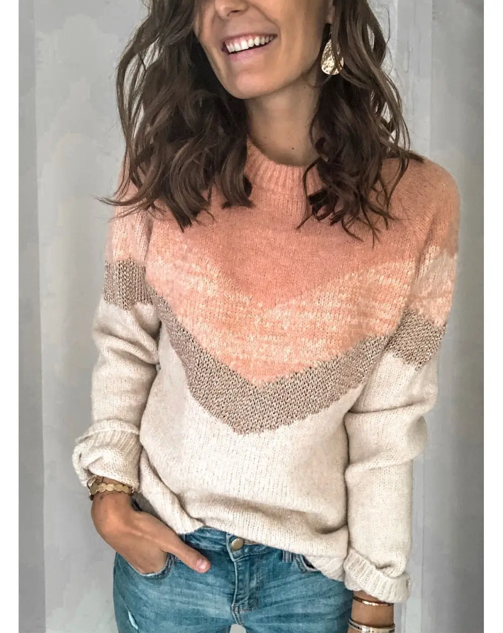 VITIANA, повседневный вязаный женский свитер, осень, пуловер с длинным рукавом, вязанные свитера, Femme, в полоску, элегантная свободная зимняя одежда - Цвет: Pink