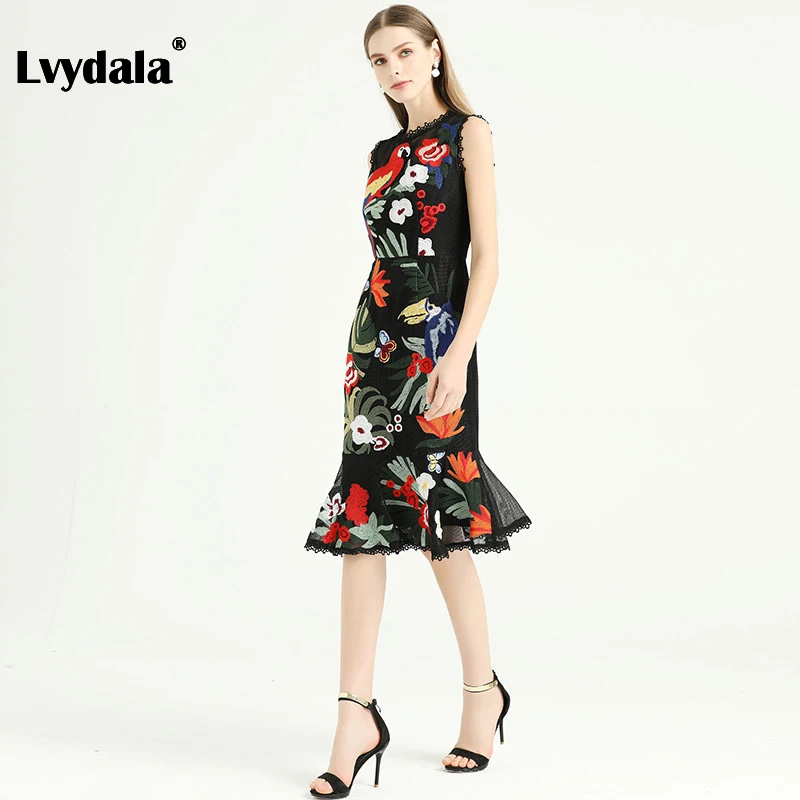 Lvydala, модное дизайнерское платье, весна-лето, женское платье, Зеленый лист, цветы, Бабочка, попугай, вышивка, платье русалки