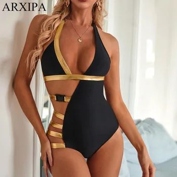 

ARXIPA Bandage One Piece Women Swimsuit Bronzing Swimwear Cut Out Bathing Suit Patchwork Monokini Belt Brazilian Beach 2020 New