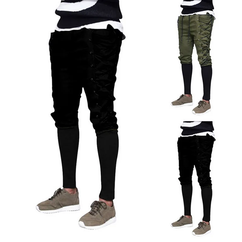 Mens Medieval Renaissance Pirate Pants Patchwork Slim Side Lace Up Stitching Casual Autumn Trousers Cosplay Costume
