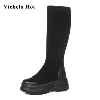 

Vichelo Hot natural leather round toe high heels thick bottom streetwear young lady solid classic slip on knee-high boots L52