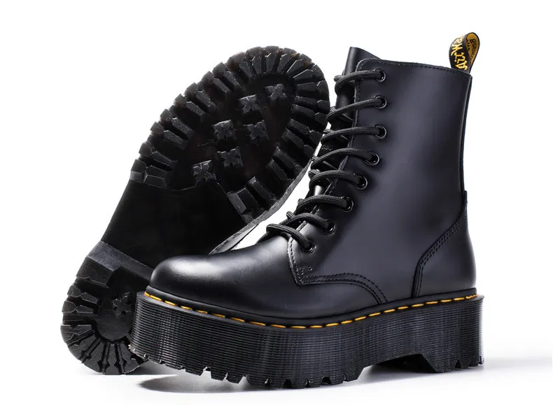 Женские ботинки; ботинки из натуральной кожи; черные ботинки Martens; женские ботильоны; мотоботы; зимняя обувь на платформе и толстом каблуке