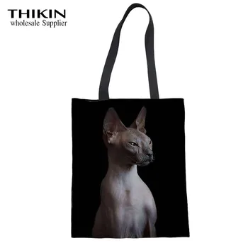

THIKIN Sphynx Canadian Hairless Cats Pattern Shopping Tote Bag for Teen Girls Women Handbag Ladies Canvas Shoulder Bag Harajuku