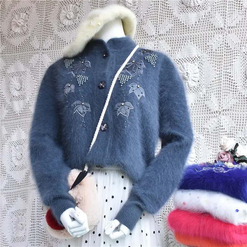Body62cm chest106cm Модный винтажный женский свитер, осенняя теплая одежда из меха Ангоры и кролика, ручная вязка, вышитая бисером, цветочное пальто, кардиганы, куртка - Цвет: Body62cm chest106cm