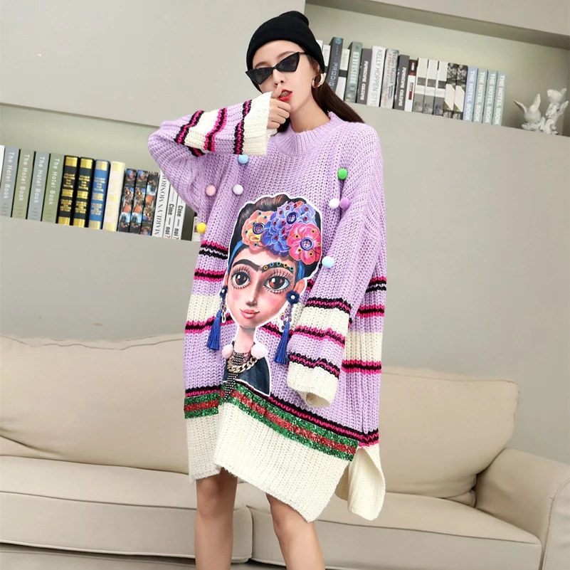 SexeMara ffashion новые свободные вязаные свитера с кисточками и рисунком из мультфильма с блестками