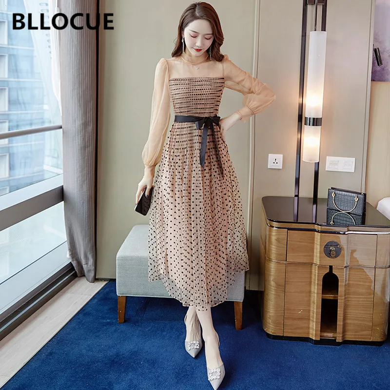BLLOCUE Runway Wave Point Holiday Dress 2020 New Autumn Women O-Neck Puff Sleeve Lace-up Elegant Mesh | Женская одежда