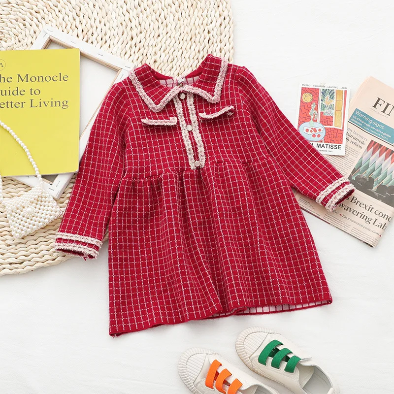 Платье для девочек; сезон осень-зима; детские вязаные платья для девочек; свитер в клетку с длинными рукавами; цельнокроеные Элегантные вязаные топы принцессы