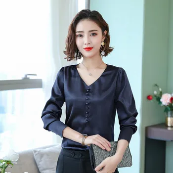 

Brief Design Pure Color Loose V Neck Big Size Navy Blue Tees Women Spring Autumn New Red And Green Tops