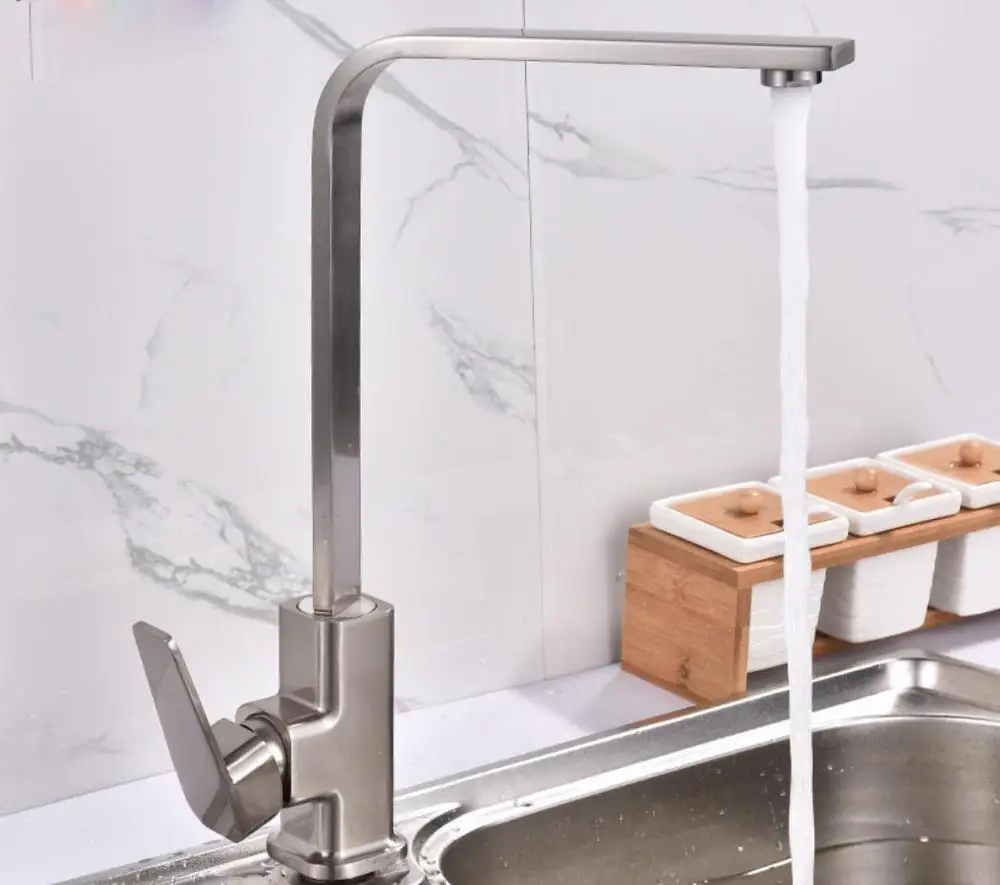 

Kitchen Faucets Elegant Hot and Cold Mixer Faucet Single Handle Deck Mounted Sink Tap Brushed Finish Square Flat Tap