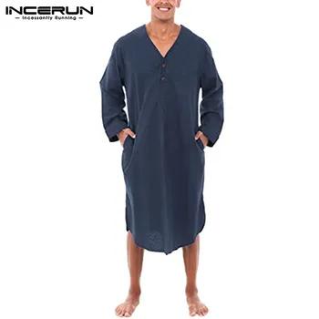 

INCERUN Men Leisure Sleep Tops Fashion Solid Color Nightgrown Pockets Bathrobes Casual Long Sleeve V Neck Nightwear Robes S-5XL