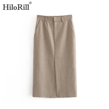 

Vintage High Waist Women Plaid Pencil Skirt Spring Split Midi-long Skirts For Women Casual Pockets Zipper Female Office Skirt