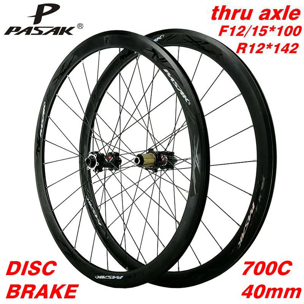 Pasak 700c Wheelset Road Wheels Disc Brake Thru Axle F12 F15X100 R12X142 V C Brake 24 Holes 40mm Clincher Bicycle Wheels 23c 28c