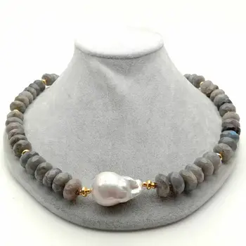

23'' Natural Rondelle Faceted Labradorite White Keshi Pearl Necklace