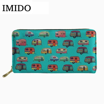 

IMIDO Big Wallet Women Caravan Cartoon Pattern Long Wallets for Women Casual Card Holders Female Zipper Coin Purse Green Wallet
