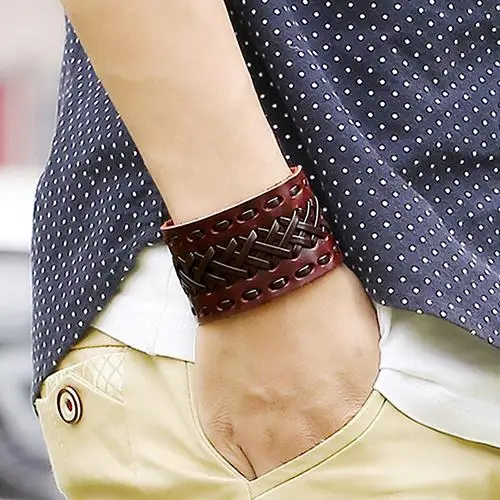 

Men's Women's Punk Braid Faux Leather Wide Cuff Bracelet Button Wristband Bangle