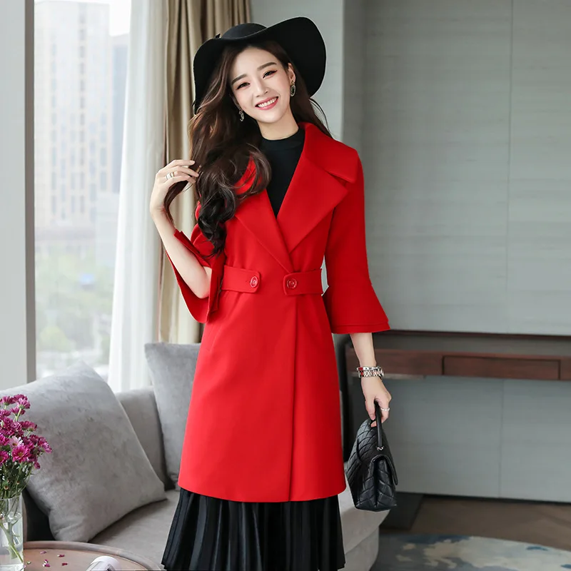 

Autumn And Winter-Bell Sleeve Woolen Jacket 2017 Autumn And Winter New Style Korean-style Mid-length Slim Fit Woolen Coat Versat