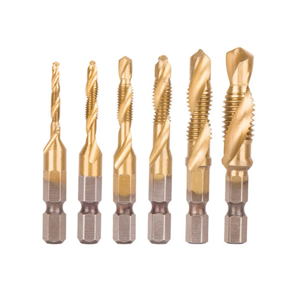 6pcs Plug High Hardness Rustproof Metric Drill Bits M3 M4 M5 M6 M8 M10 Hex Shank Solid Self-Centering Spiral Thread Tap Set HSS