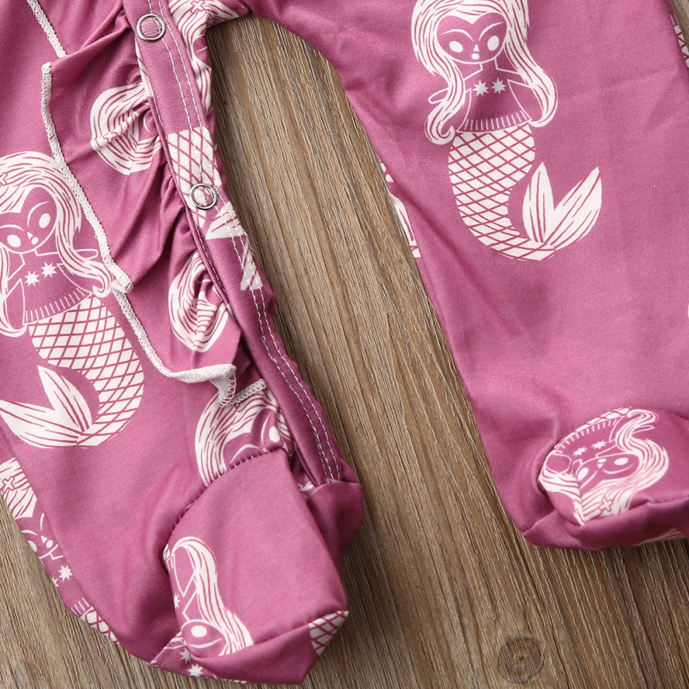 0-18M Cute Newborn Baby Girl Long Sleeve Mermaid Print Baby Romper Jumpsuit Playsuit Headband 2PCS Outfits Baby Clothes