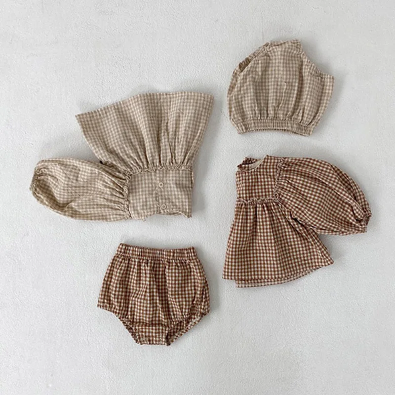Baby Girls Suit 2022 Baby Girls Clothes Little Plaid Infant Girls Clothes Set Puff Sleeve Blouse + Bloomer 2pcs Toddler Clothes baby clothes mini set