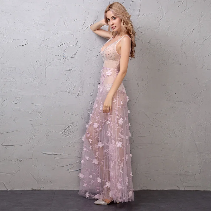 Модное сексуальное вечернее платье с глубоким v образным вырезом розовое