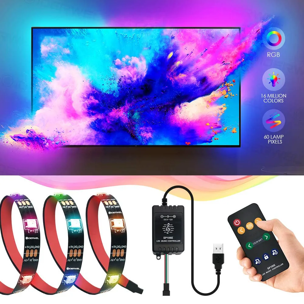 DreamColor полосы света с питанием от USB ТВ подсветка полосы комплект с светодиодный музыкальный контроллер, 6.56FT/2 м RGB доступный 5 в JK1171