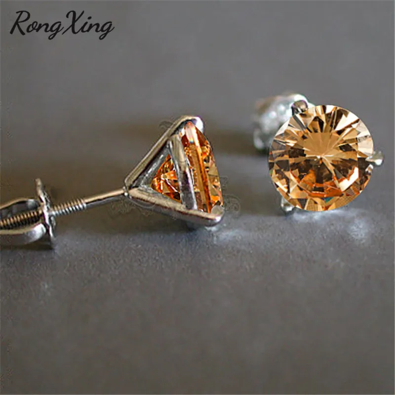 Champagne RongXing 6 мм круглый Радужный циркон 3 коготь спиральный гвоздик серьги для женщин 925 Серебро Заполненный многоцветный кристалл серьги изысканный подарок - Окраска металла: Champagne