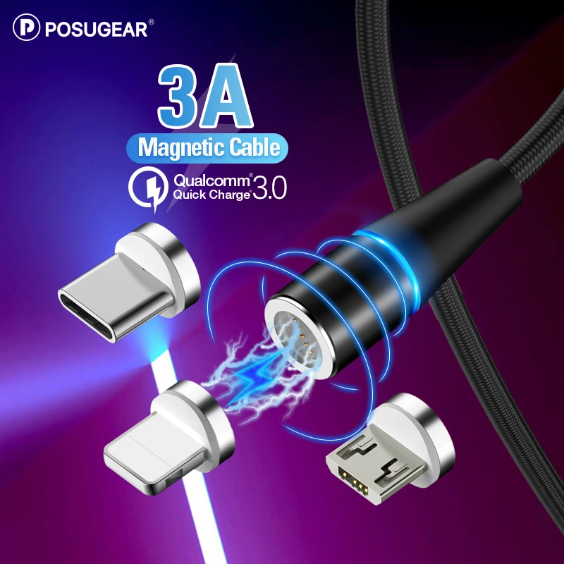 Posugear Магнитный Micro USB кабель для быстрой зарядки usb type C кабель для передачи данных Магнитный провод для зарядного устройства кабель для мобильного телефона для iphone samsung