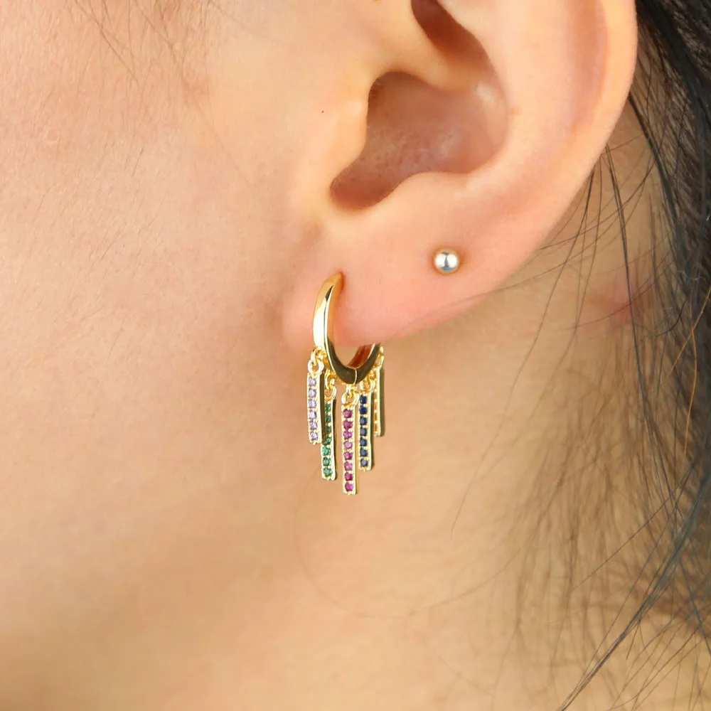 New delicate colorful cz paved rainbow bar charms paved small hoop earring Gold color trendy Multi piecing women wedding earring
