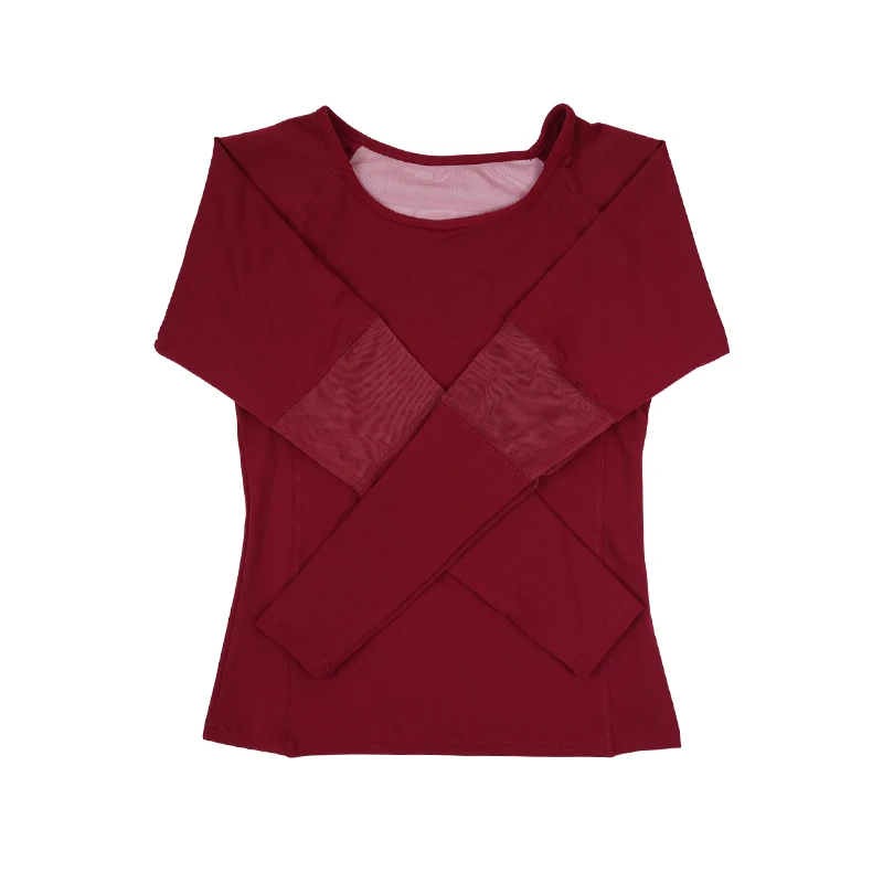 wine red IWUPARTY Женская сетчатая Спортивная рубашка с длинным рукавом, Женские топы для пробежек, тренировок, фитнеса, йоги, женские топы для тренировок в тренажерном зале, черный укороченный топ, рубашки - Цвет: wine red