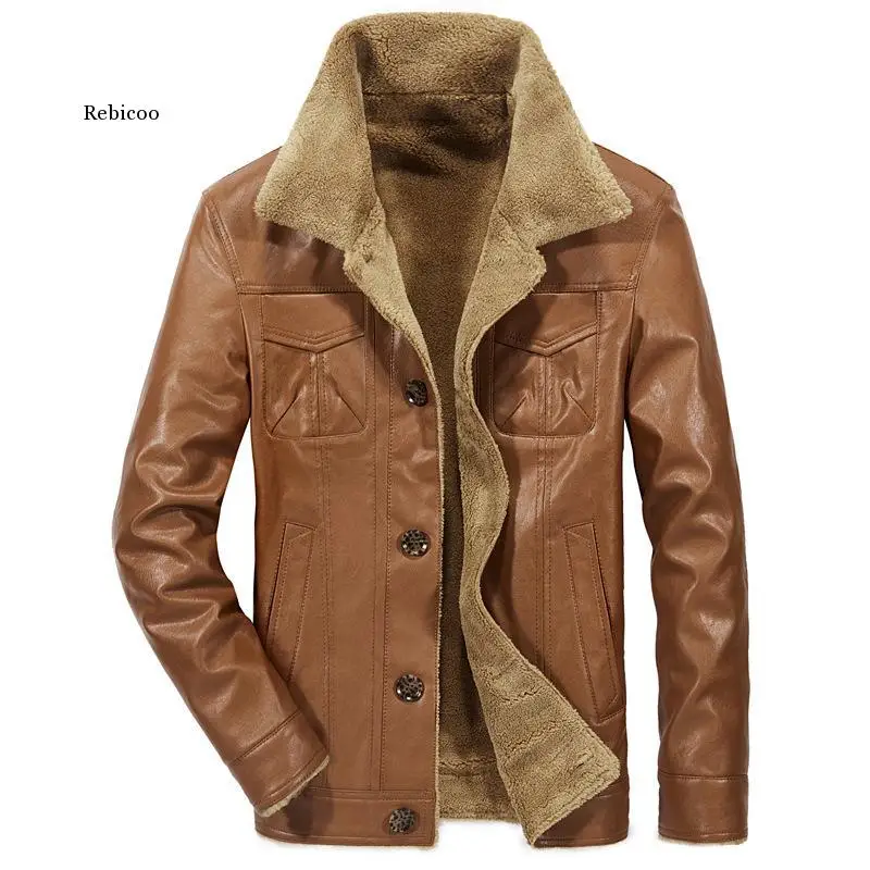 

2021 New Men's Winter Leather Jacket Fur Collar Bomber Jacket Thickened Warmth Plus Velvet Leisure Motorcycle Jacket