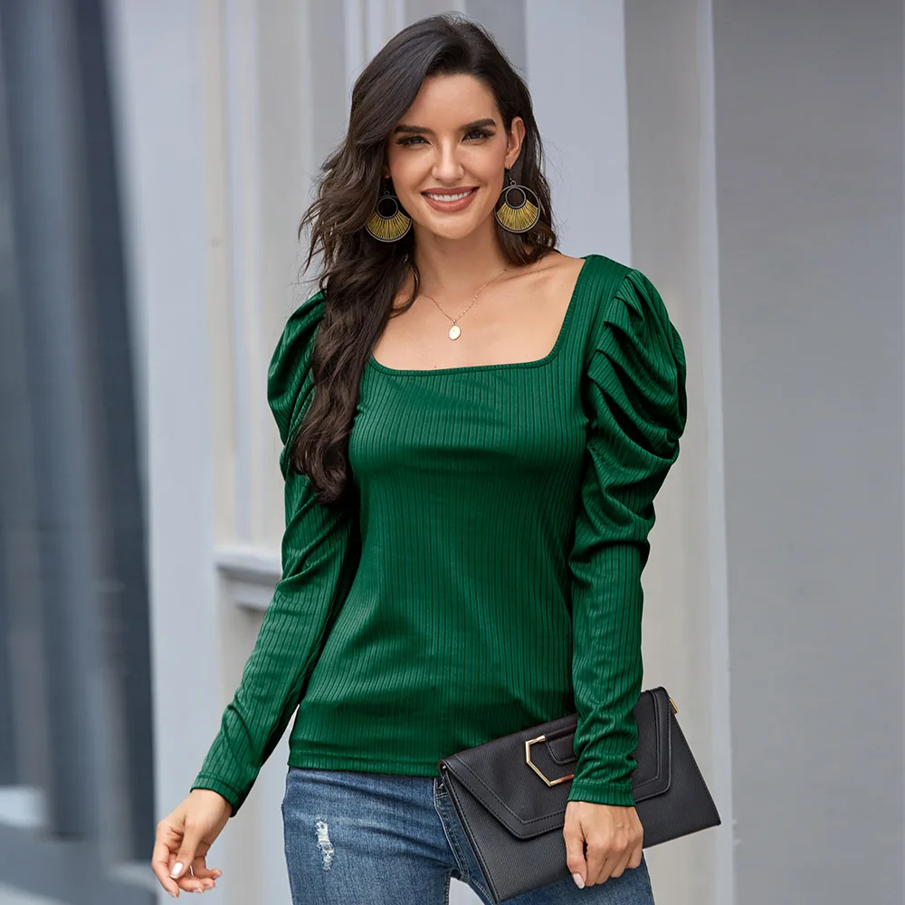 

European and American women's clothing solid color Casual new female shirts Puff sleeve sexy small Square collar blouse