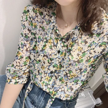 

2020 Women's Blouse 100% Silk Floral Print Ladies Sweet Fresh Half Sleeve Bow Tie Collar Female Shirt And Top