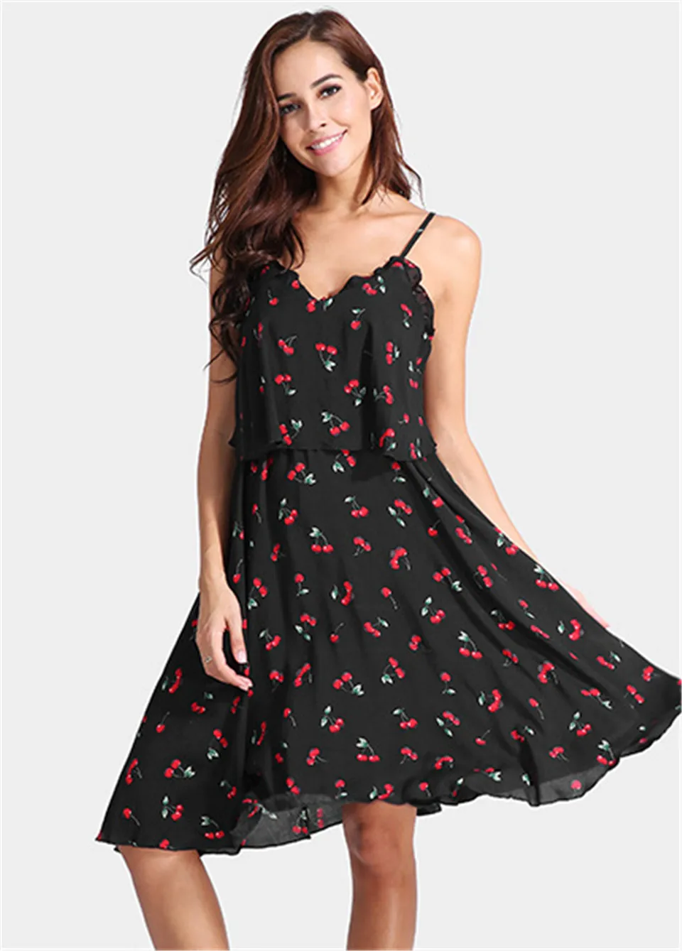 Elimiiya модное женское платье на бретельках с принтом вишни Элегантное платье без рукавов с большим маятником женская шифоновая одежда - Цвет: Black