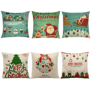 

6Pcs Merry Christmas Cushion Cover Santa Claus Polyester Linen Throw Pillow Car Home Sofa Decorative Pillowcase 45*45cm
