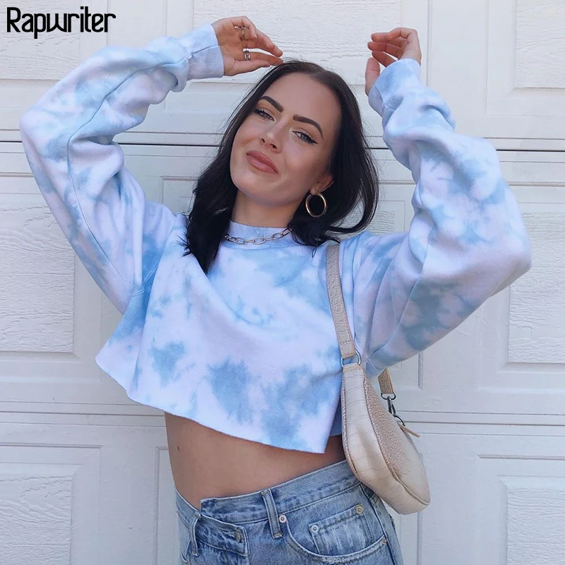 

Rapwriter Tie Dye harajuku Oversized Sweat Crop Top Women Short Sweetshirts 2020 O-Neck Long Sleeve Pullovers Tracksuit Clothes