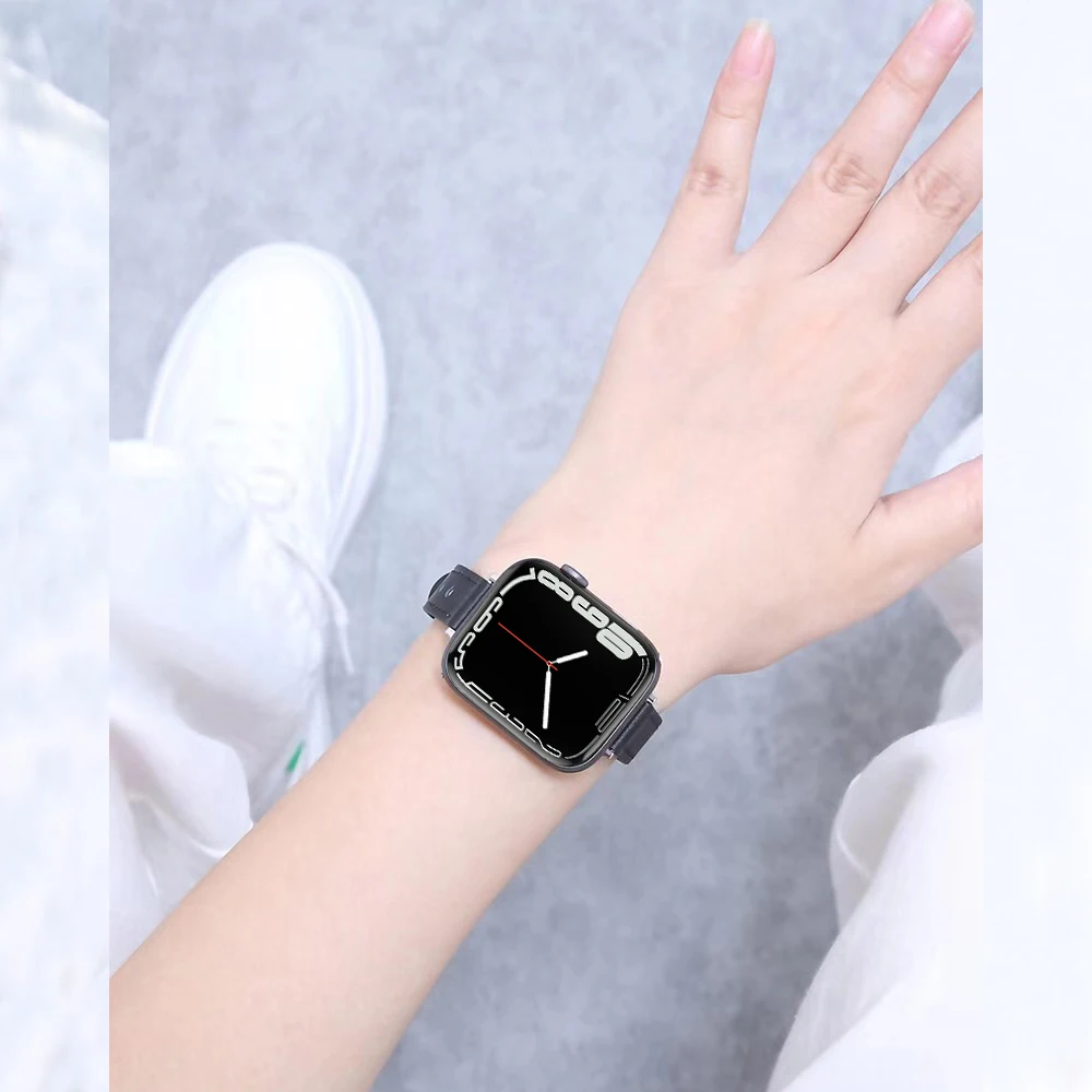 For apple watch 7 41mm 45mm band series 6 5 4 40mm 44mm slim leather strap for iwatch se 3 38mm 42mm bracelet women 