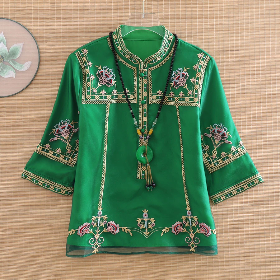 Final del verano del estilo chino bordado Floral blusa de Organza, camisa de las mujeres de moda suelto dama camisa S XXL|Parte alta| - AliExpress