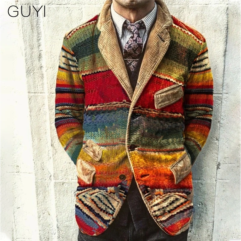 red blazer GUYI многоцветный принт костюмы и блейзер для мужчин вельветовый повседневный мужской пиджак осень зима Рождество Блейзер индивидуальный тренд пальто - Цвет: red blazer