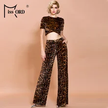 Missord женский короткий топ с круглым вырезом, длинные штаны с леопардовым принтом, комплект из 2 предметов, женский сексуальный комплект